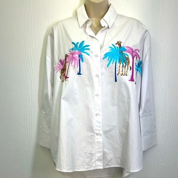 Top Shop - Giraffe Pink And Blue Palm Tree Button Down White Shirt Size 6 - Picture 3 of 13